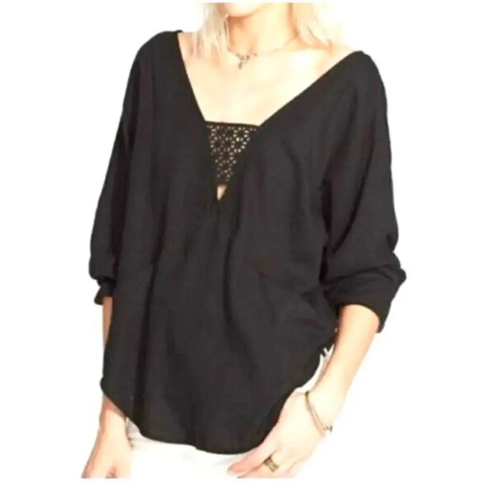 Free People Just Cruisin Crochet Linen Blend Black Top Size: S